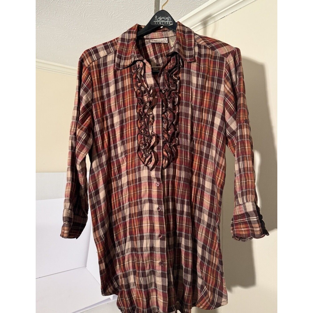 Womens Plaid Flannel Button Up Tunic M Reds & Browns Ruffles Western Preppy
